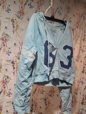 No Boundaries Light Blue Hooded Sweatshirt with Navy Applique Numbers